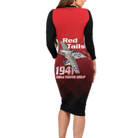 Tuskegee Red Tails Airmen Family Matching Long Sleeve Bodycon Dress and Hawaiian Shirt P-51 Mustang 332nd Fighter Group - Black Red - Wonder Print Shop