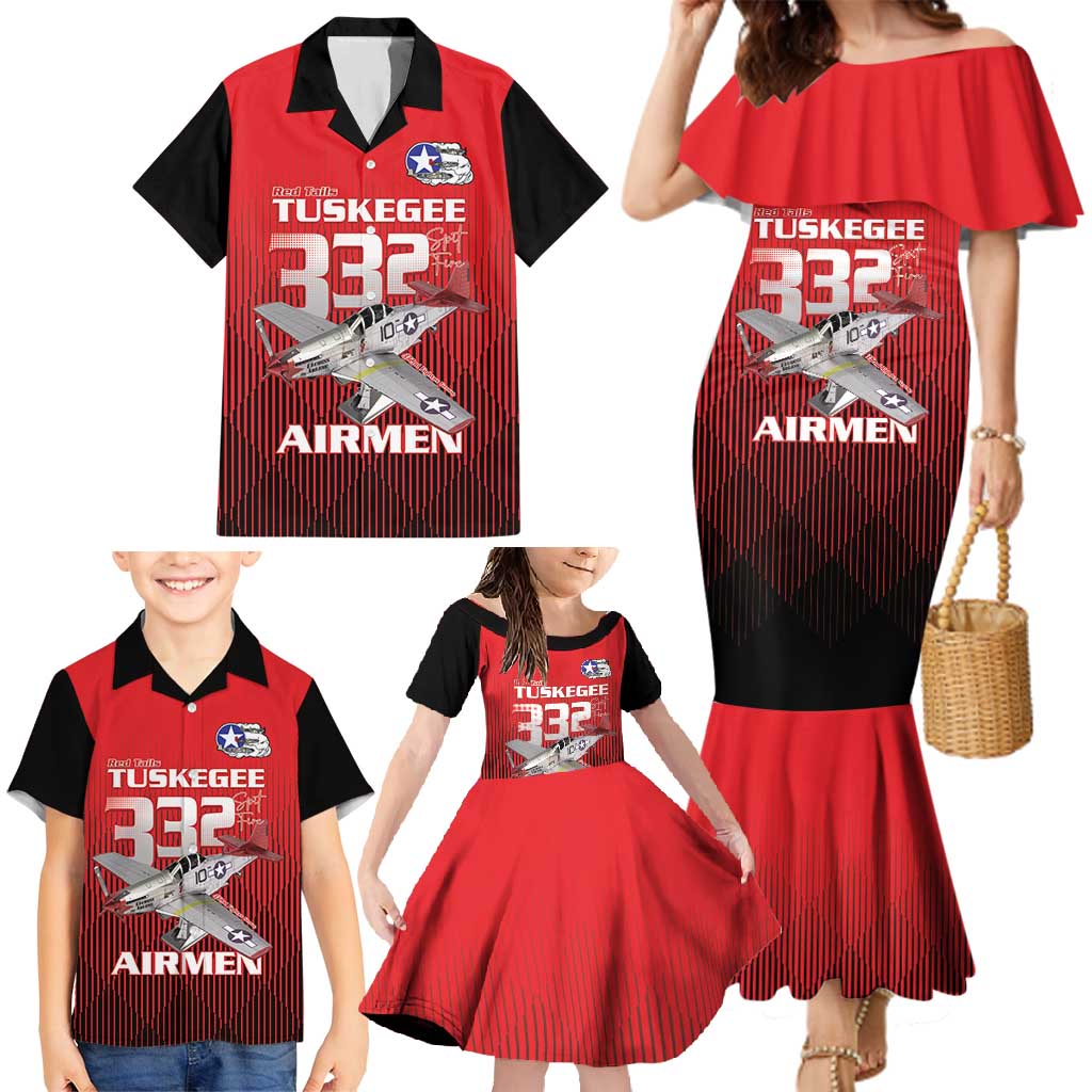 Tuskegee Red Tails Airmen Family Matching Mermaid Dress and Hawaiian Shirt P-51 Mustang 332nd Fighter Group - Black Red - Wonder Print Shop