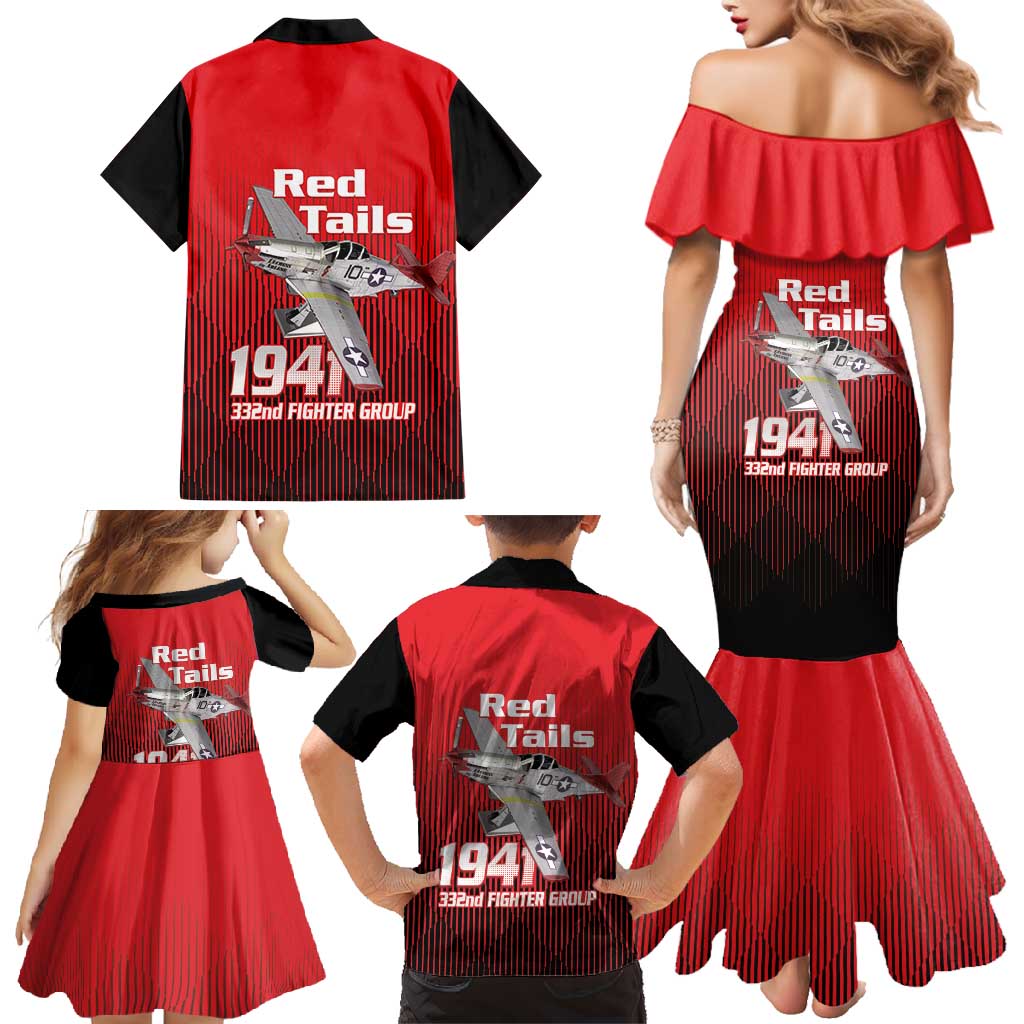 Tuskegee Red Tails Airmen Family Matching Mermaid Dress and Hawaiian Shirt P-51 Mustang 332nd Fighter Group - Black Red - Wonder Print Shop