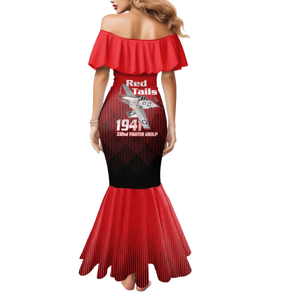 Tuskegee Red Tails Airmen Family Matching Mermaid Dress and Hawaiian Shirt P-51 Mustang 332nd Fighter Group - Black Red - Wonder Print Shop