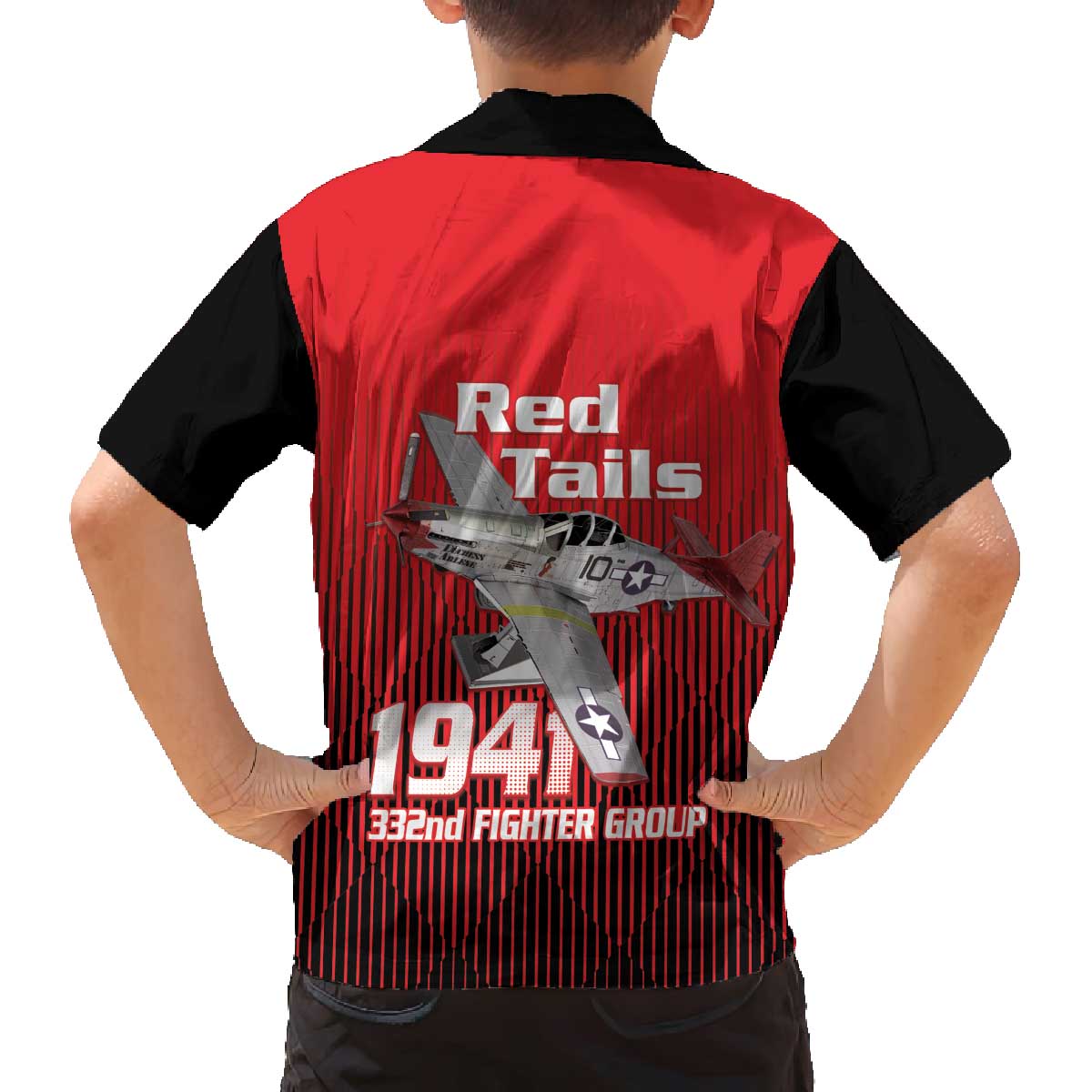 Tuskegee Red Tails Airmen Family Matching Off The Shoulder Long Sleeve Dress and Hawaiian Shirt P-51 Mustang 332nd Fighter Group - Black Red - Wonder Print Shop