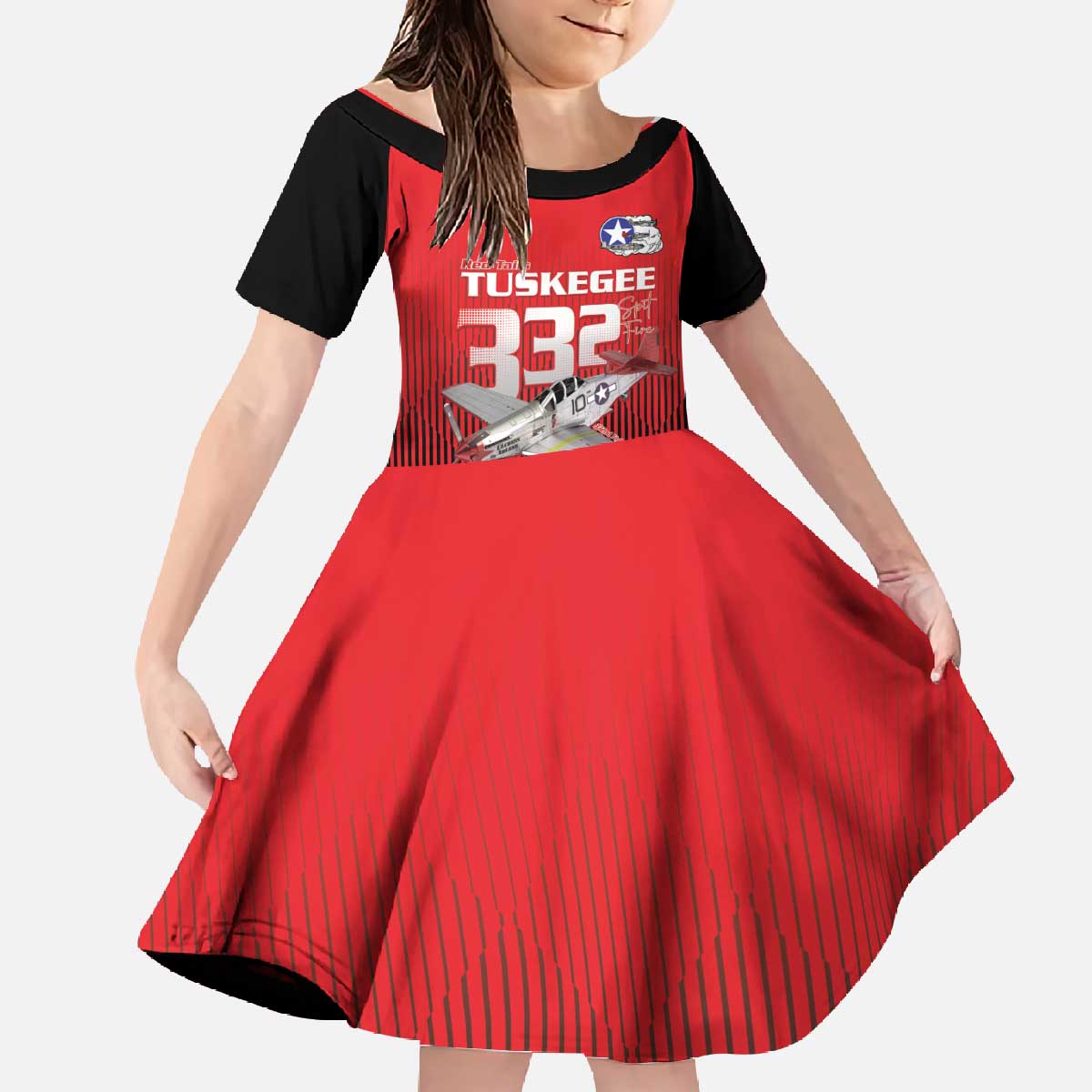 Tuskegee Red Tails Airmen Family Matching Off The Shoulder Long Sleeve Dress and Hawaiian Shirt P-51 Mustang 332nd Fighter Group - Black Red - Wonder Print Shop