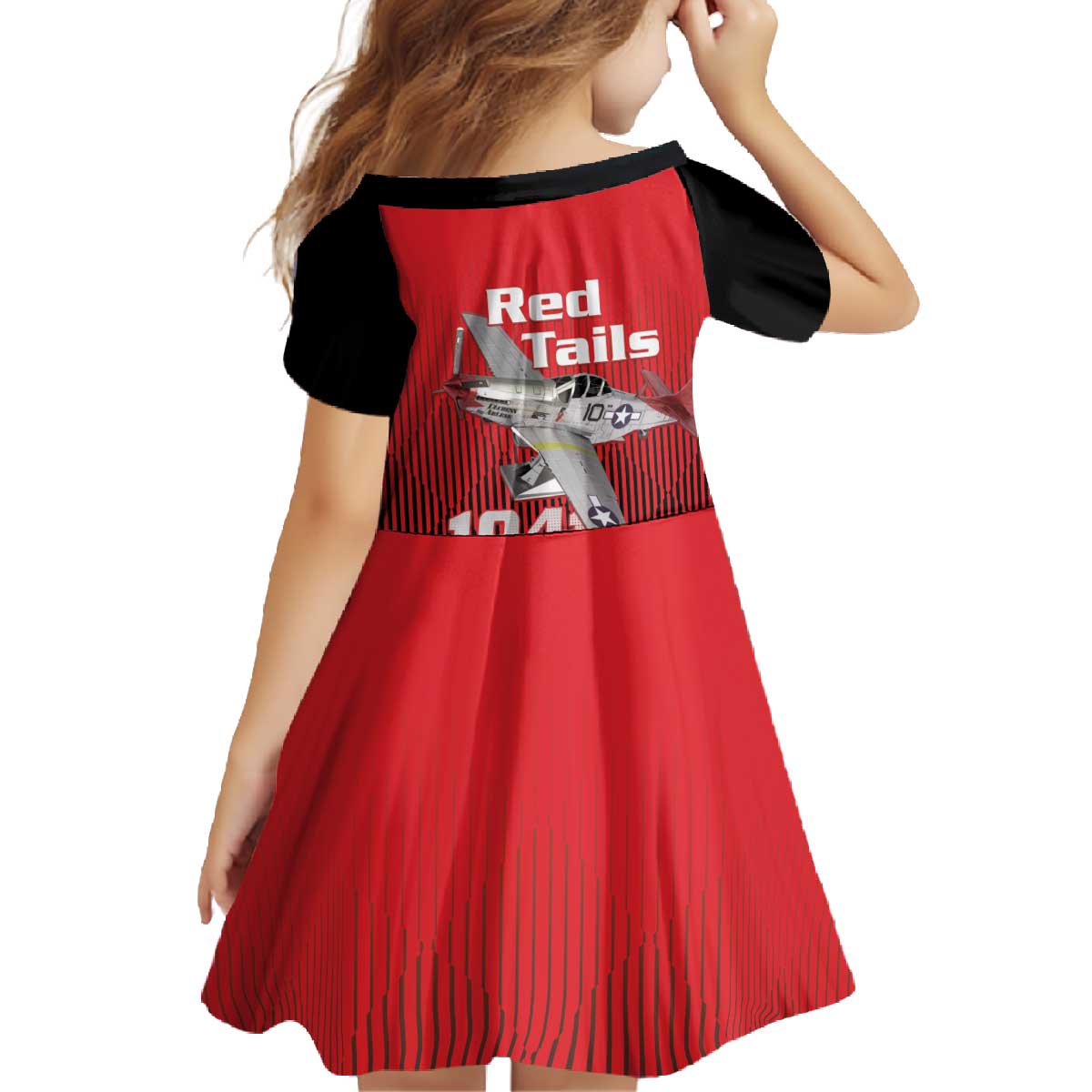 Tuskegee Red Tails Airmen Family Matching Off The Shoulder Long Sleeve Dress and Hawaiian Shirt P-51 Mustang 332nd Fighter Group - Black Red - Wonder Print Shop