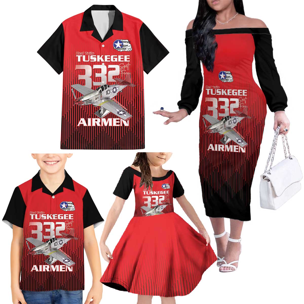 Tuskegee Red Tails Airmen Family Matching Off The Shoulder Long Sleeve Dress and Hawaiian Shirt P-51 Mustang 332nd Fighter Group - Black Red - Wonder Print Shop