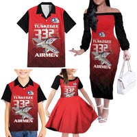 Tuskegee Red Tails Airmen Family Matching Off The Shoulder Long Sleeve Dress and Hawaiian Shirt P-51 Mustang 332nd Fighter Group - Black Red - Wonder Print Shop