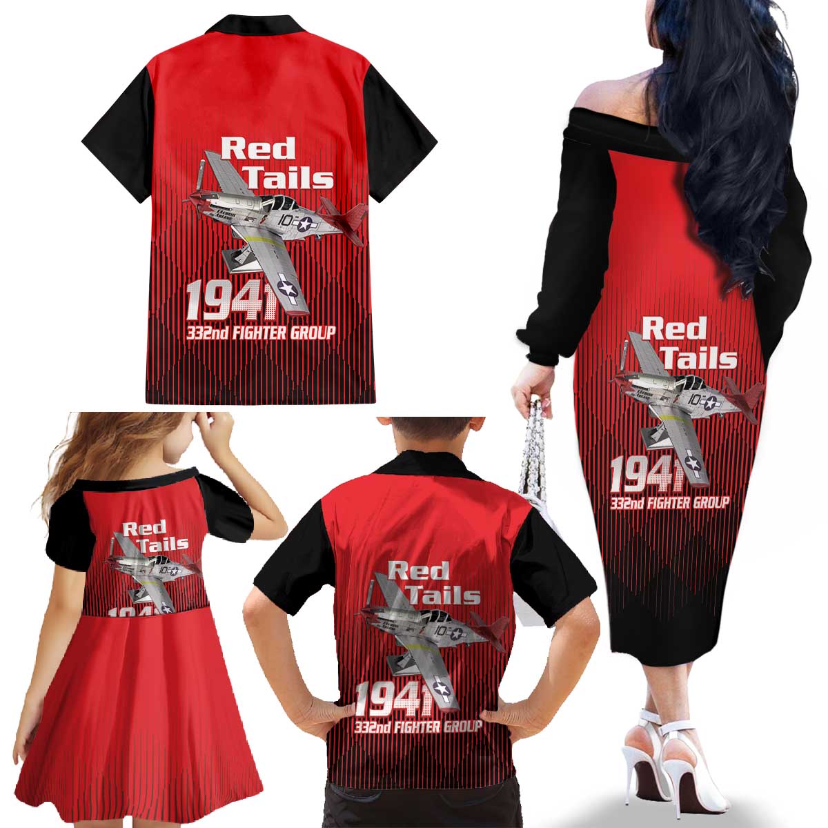Tuskegee Red Tails Airmen Family Matching Off The Shoulder Long Sleeve Dress and Hawaiian Shirt P-51 Mustang 332nd Fighter Group - Black Red - Wonder Print Shop