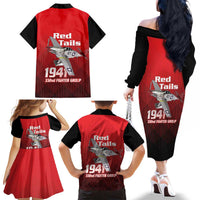 Tuskegee Red Tails Airmen Family Matching Off The Shoulder Long Sleeve Dress and Hawaiian Shirt P-51 Mustang 332nd Fighter Group - Black Red - Wonder Print Shop