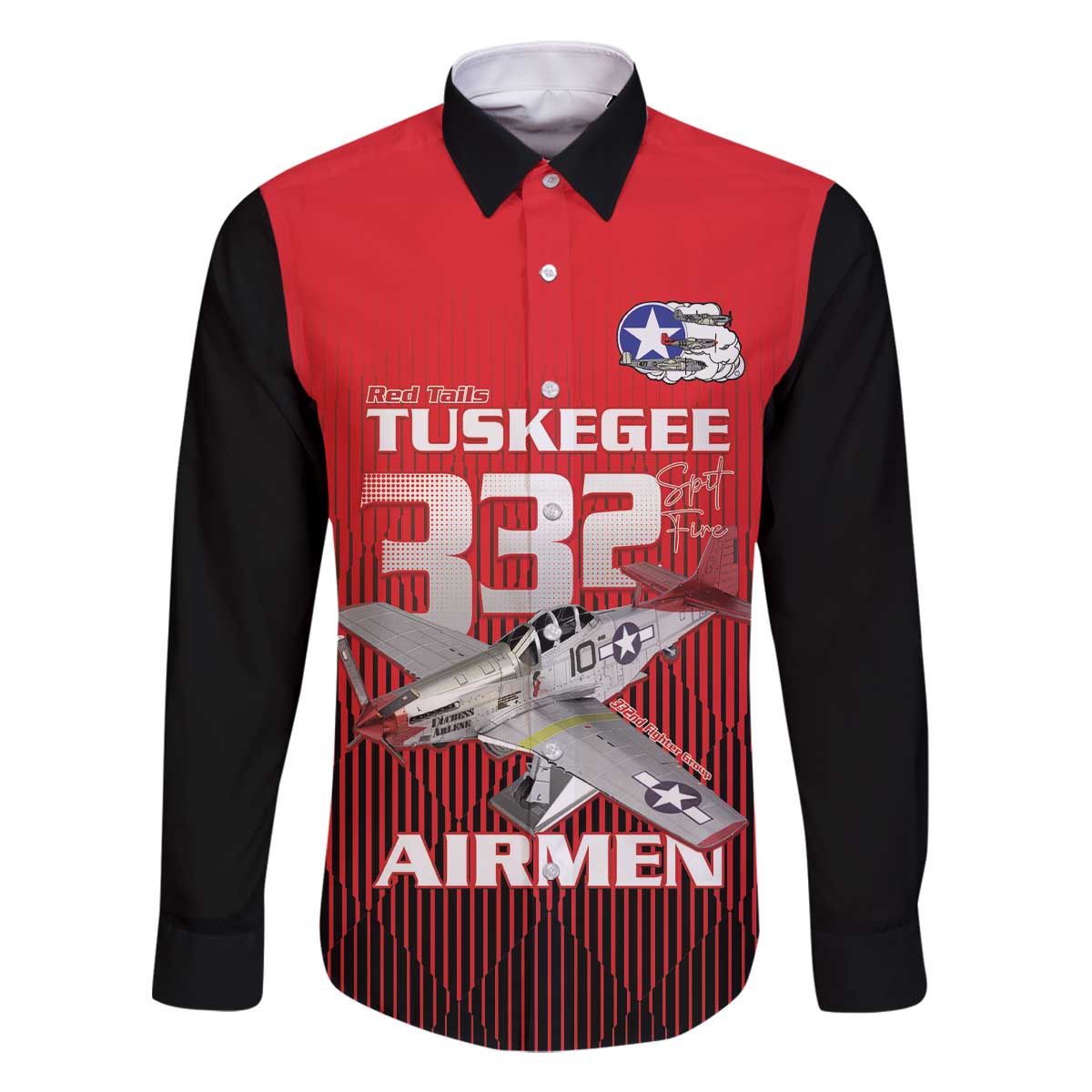 Tuskegee Red Tails Airmen Family Matching Off The Shoulder Long Sleeve Dress and Hawaiian Shirt P-51 Mustang 332nd Fighter Group - Black Red - Wonder Print Shop