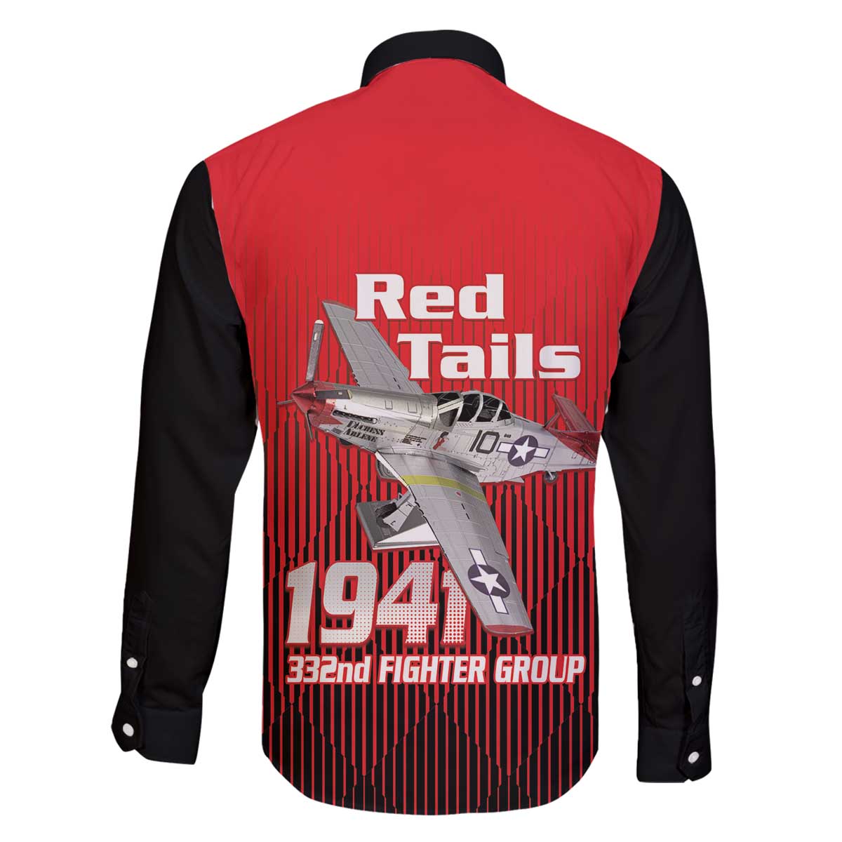 Tuskegee Red Tails Airmen Family Matching Off The Shoulder Long Sleeve Dress and Hawaiian Shirt P-51 Mustang 332nd Fighter Group - Black Red - Wonder Print Shop