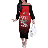 Tuskegee Red Tails Airmen Family Matching Off The Shoulder Long Sleeve Dress and Hawaiian Shirt P-51 Mustang 332nd Fighter Group - Black Red - Wonder Print Shop