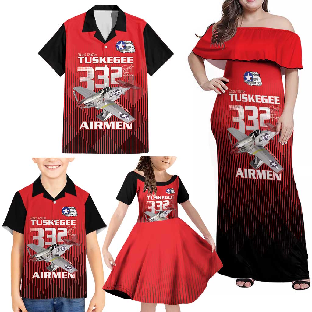 Tuskegee Red Tails Airmen Family Matching Off Shoulder Maxi Dress and Hawaiian Shirt P-51 Mustang 332nd Fighter Group - Black Red - Wonder Print Shop