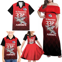 Tuskegee Red Tails Airmen Family Matching Off Shoulder Maxi Dress and Hawaiian Shirt P-51 Mustang 332nd Fighter Group - Black Red - Wonder Print Shop
