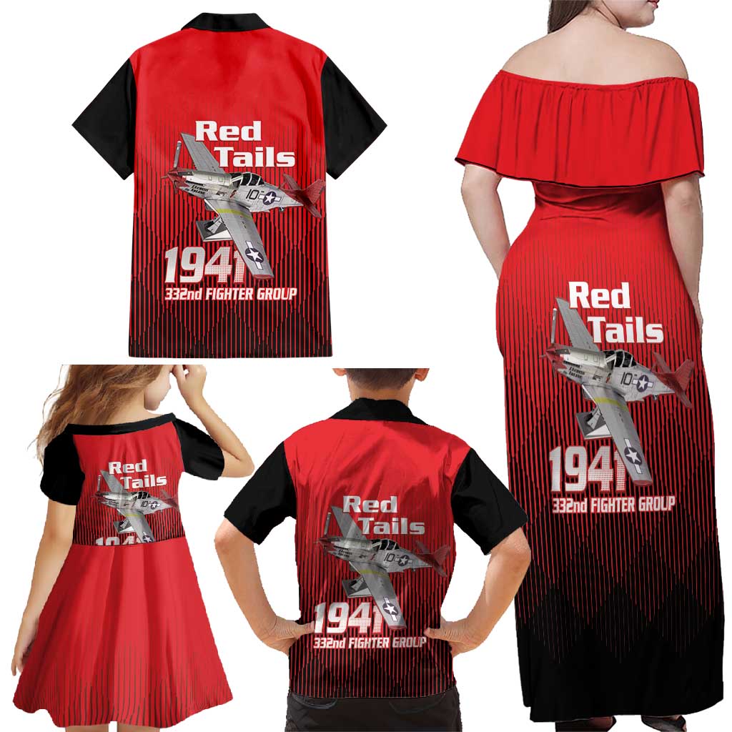 Tuskegee Red Tails Airmen Family Matching Off Shoulder Maxi Dress and Hawaiian Shirt P-51 Mustang 332nd Fighter Group - Black Red - Wonder Print Shop