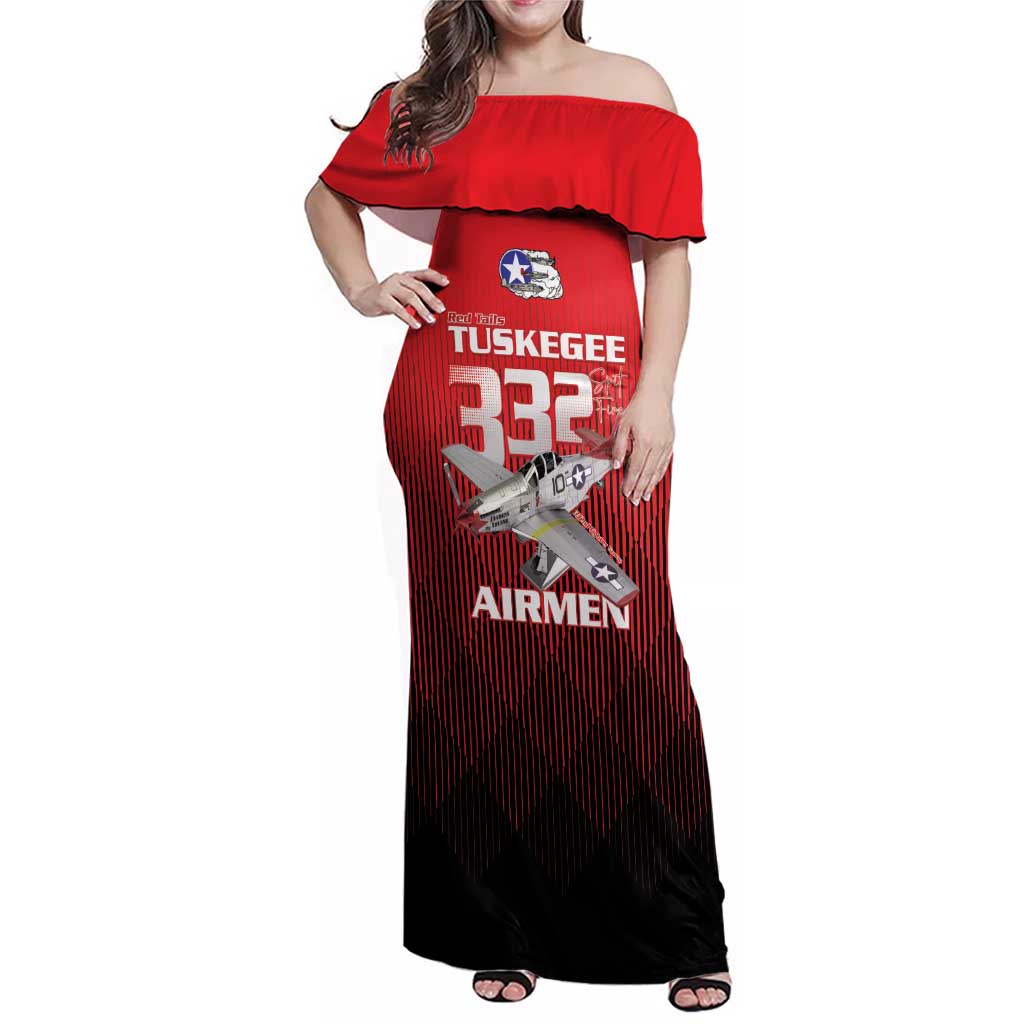 Tuskegee Red Tails Airmen Family Matching Off Shoulder Maxi Dress and Hawaiian Shirt P-51 Mustang 332nd Fighter Group - Black Red - Wonder Print Shop