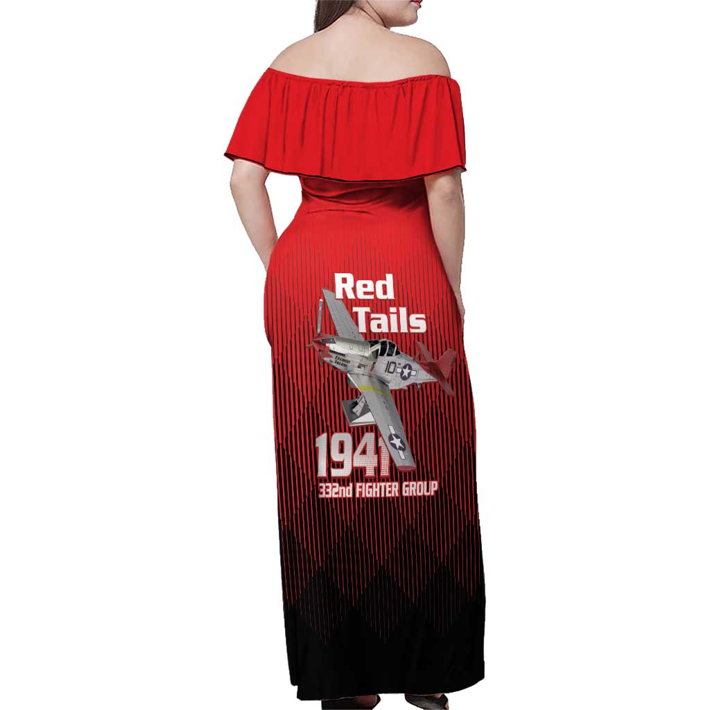 Tuskegee Red Tails Airmen Family Matching Off Shoulder Maxi Dress and Hawaiian Shirt P-51 Mustang 332nd Fighter Group - Black Red - Wonder Print Shop