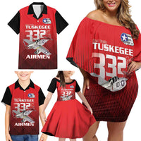 Tuskegee Red Tails Airmen Family Matching Off Shoulder Short Dress and Hawaiian Shirt P-51 Mustang 332nd Fighter Group - Black Red - Wonder Print Shop
