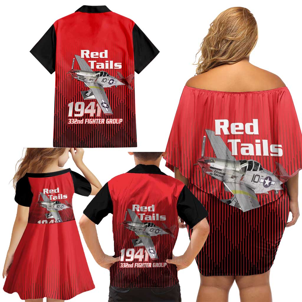 Tuskegee Red Tails Airmen Family Matching Off Shoulder Short Dress and Hawaiian Shirt P-51 Mustang 332nd Fighter Group - Black Red - Wonder Print Shop