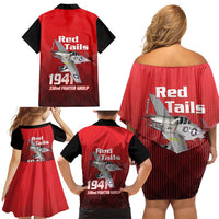 Tuskegee Red Tails Airmen Family Matching Off Shoulder Short Dress and Hawaiian Shirt P-51 Mustang 332nd Fighter Group - Black Red - Wonder Print Shop