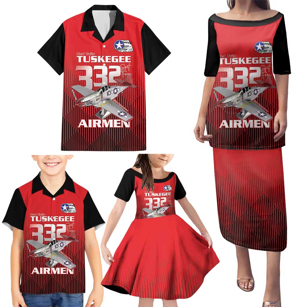 Tuskegee Red Tails Airmen Family Matching Puletasi and Hawaiian Shirt P-51 Mustang 332nd Fighter Group - Black Red - Wonder Print Shop