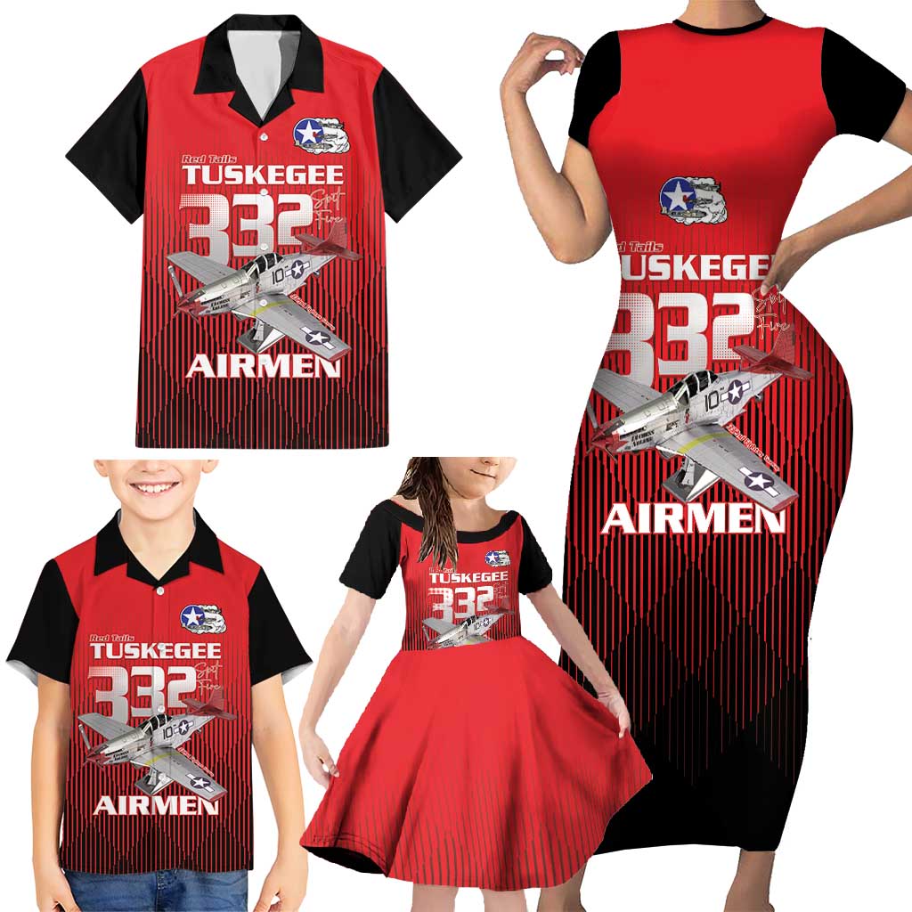 Tuskegee Red Tails Airmen Family Matching Short Sleeve Bodycon Dress and Hawaiian Shirt P-51 Mustang 332nd Fighter Group - Black Red - Wonder Print Shop
