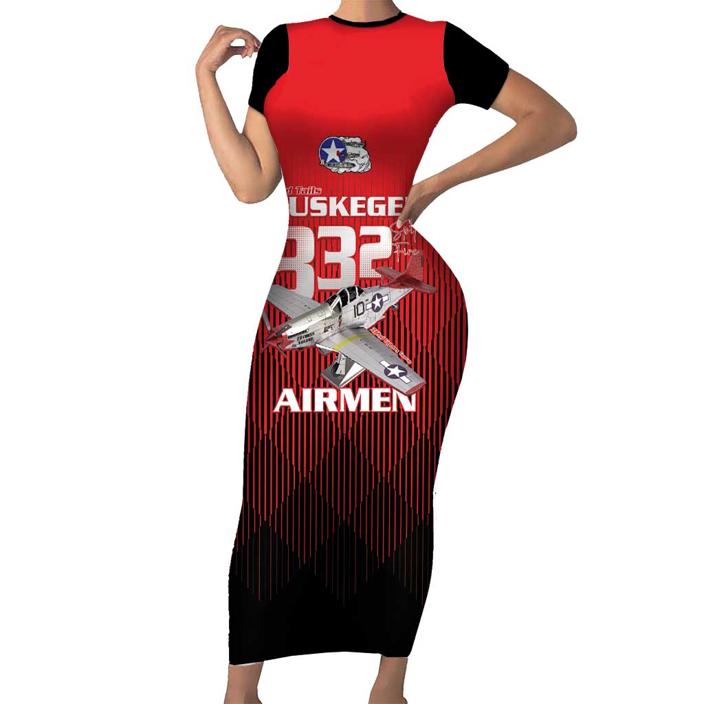 Tuskegee Red Tails Airmen Family Matching Short Sleeve Bodycon Dress and Hawaiian Shirt P-51 Mustang 332nd Fighter Group - Black Red - Wonder Print Shop