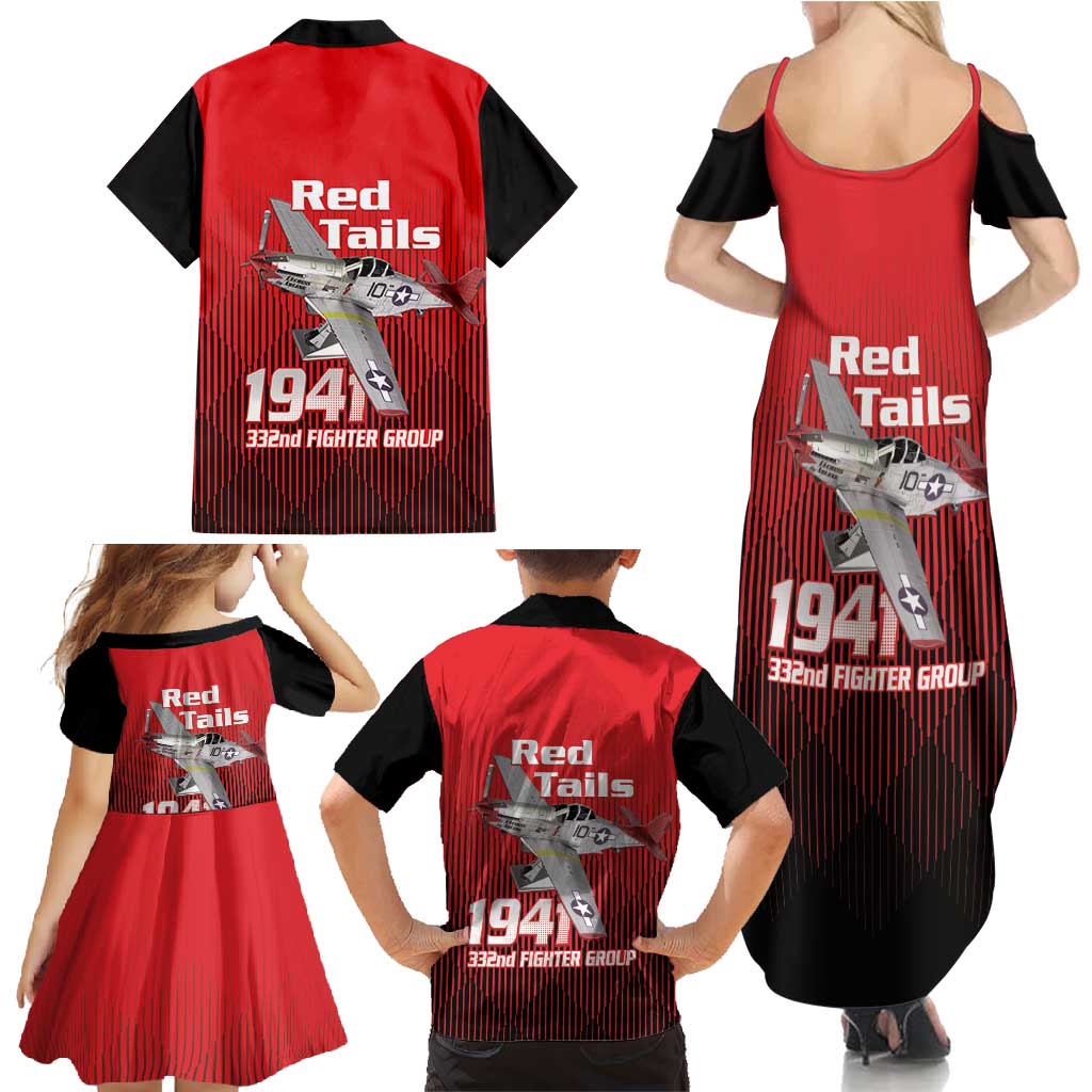 Tuskegee Red Tails Airmen Family Matching Summer Maxi Dress and Hawaiian Shirt P-51 Mustang 332nd Fighter Group - Black Red - Wonder Print Shop