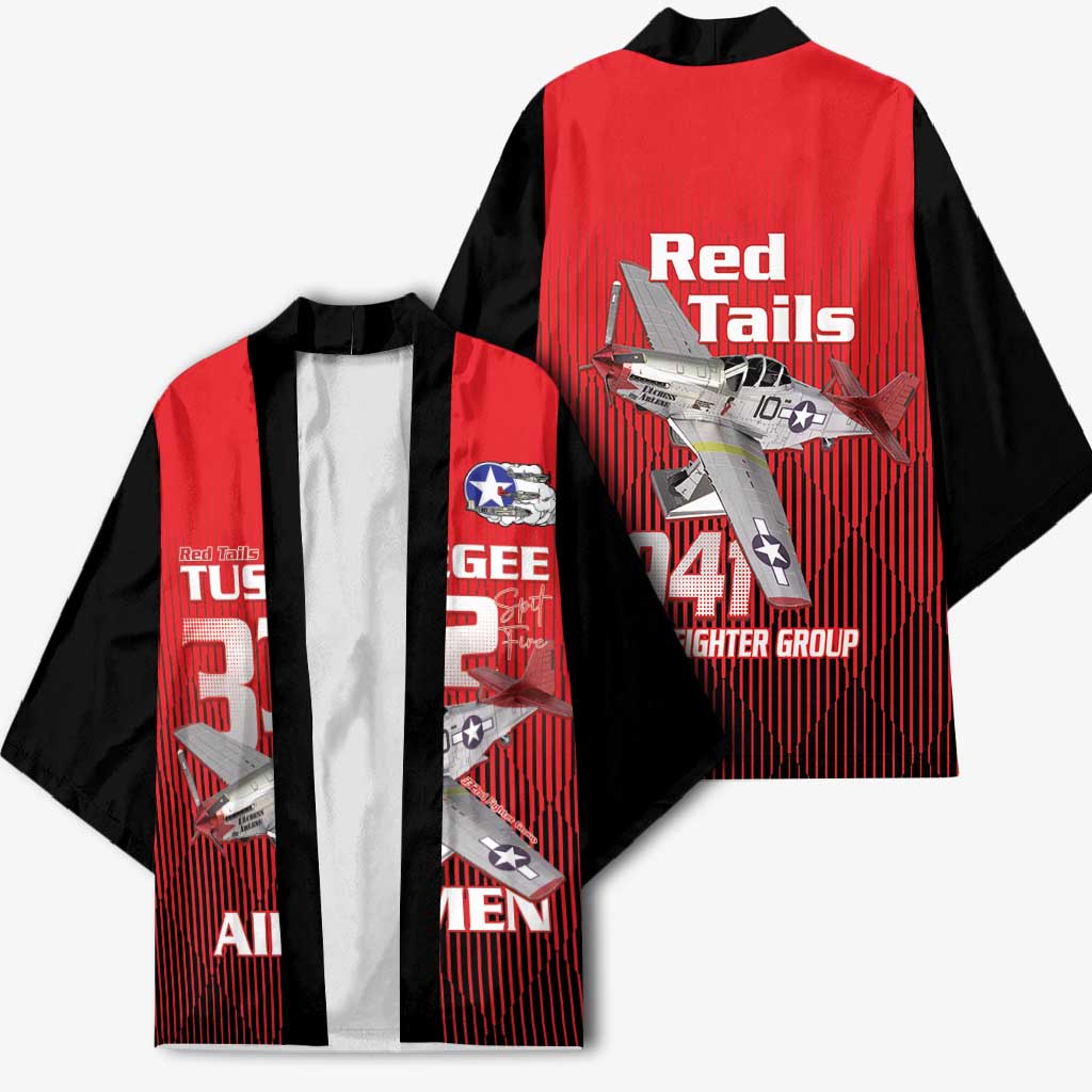 Tuskegee Red Tails Airmen Kimono P-51 Mustang 332nd Fighter Group - Black Red - Wonder Print Shop