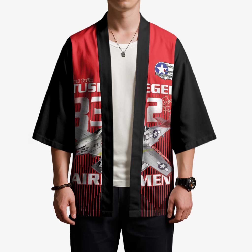 Tuskegee Red Tails Airmen Kimono P-51 Mustang 332nd Fighter Group - Black Red - Wonder Print Shop