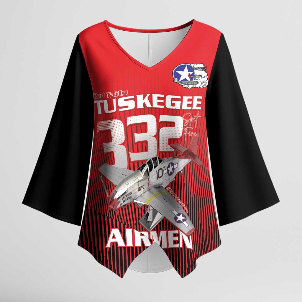Tuskegee Red Tails Airmen Kimono Sleeve Blouse P-51 Mustang 332nd Fighter Group - Black Red - Wonder Print Shop