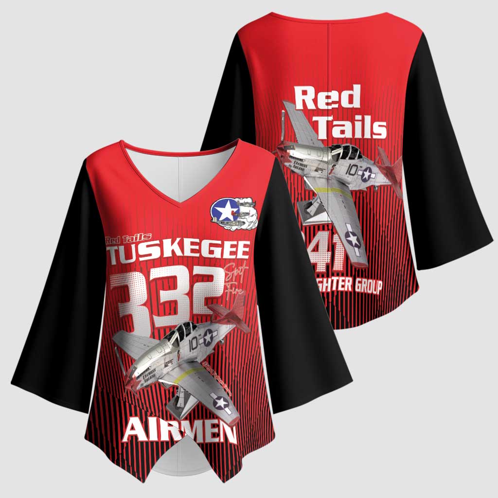 Tuskegee Red Tails Airmen Kimono Sleeve Blouse P-51 Mustang 332nd Fighter Group - Black Red - Wonder Print Shop