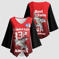 Tuskegee Red Tails Airmen Kimono Sleeve Blouse P-51 Mustang 332nd Fighter Group - Black Red - Wonder Print Shop
