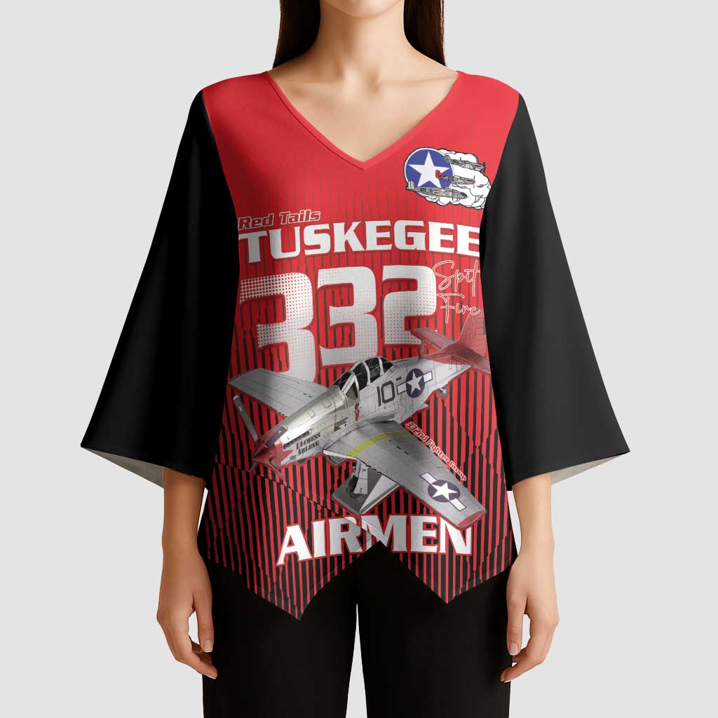 Tuskegee Red Tails Airmen Kimono Sleeve Blouse P-51 Mustang 332nd Fighter Group - Black Red - Wonder Print Shop