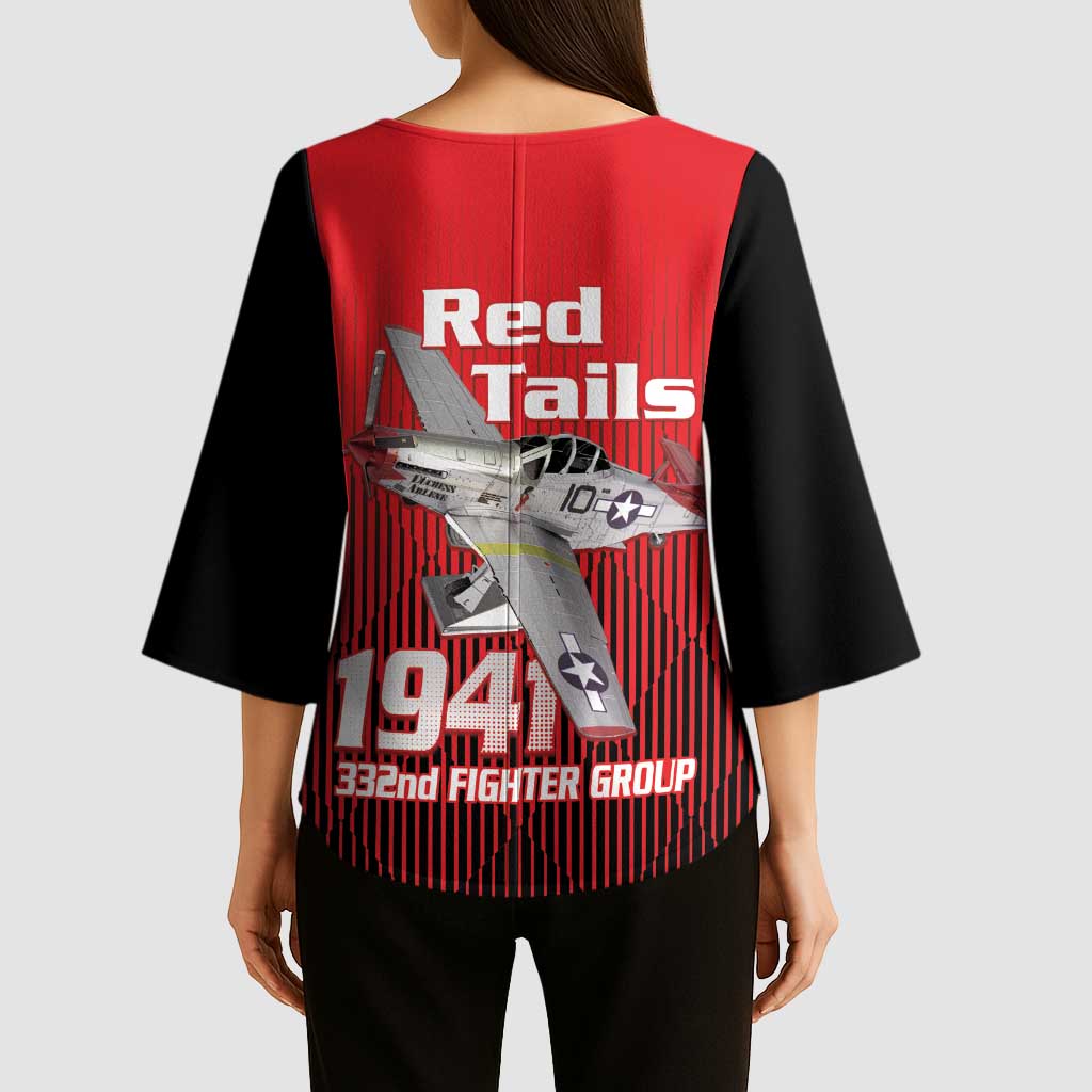 Tuskegee Red Tails Airmen Kimono Sleeve Blouse P-51 Mustang 332nd Fighter Group - Black Red - Wonder Print Shop