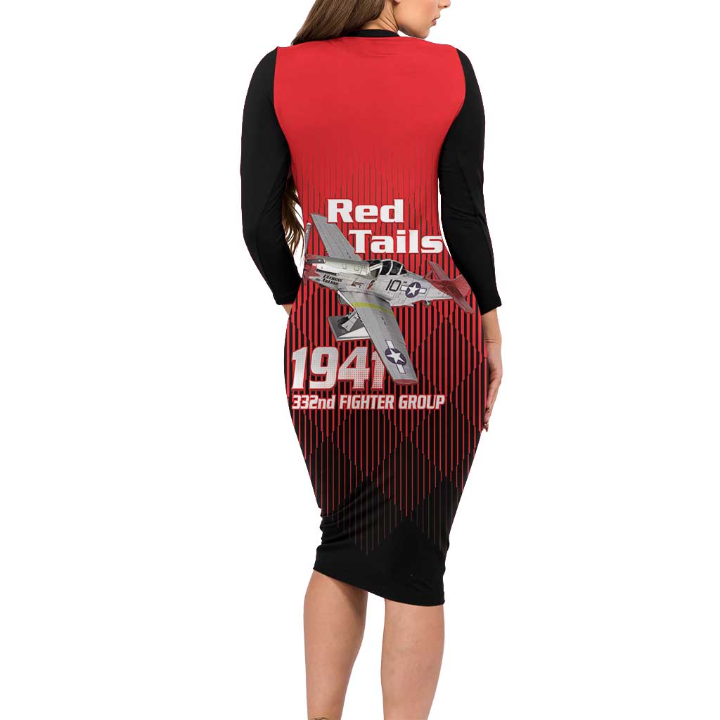 Tuskegee Red Tails Airmen Long Sleeve Bodycon Dress P-51 Mustang 332nd Fighter Group - Black Red - Wonder Print Shop