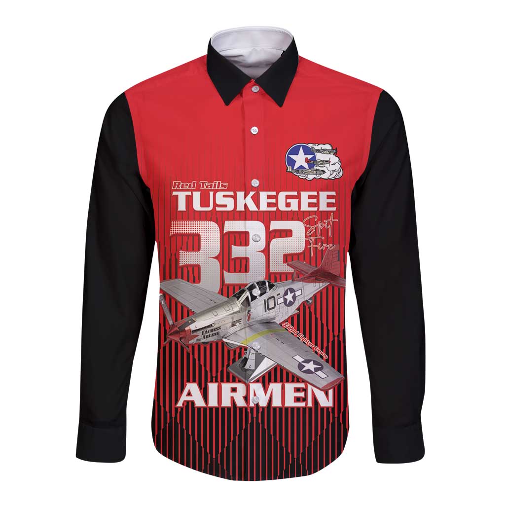 Tuskegee Red Tails Airmen Long Sleeve Button Shirt P-51 Mustang 332nd Fighter Group - Black Red - Wonder Print Shop