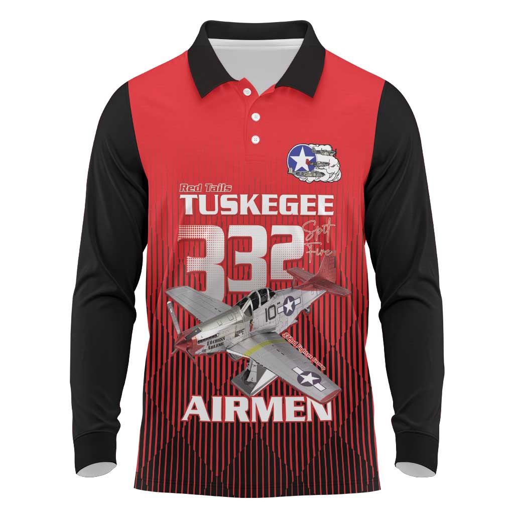 Tuskegee Red Tails Airmen Long Sleeve Polo Shirt P-51 Mustang 332nd Fighter Group - Black Red - Wonder Print Shop