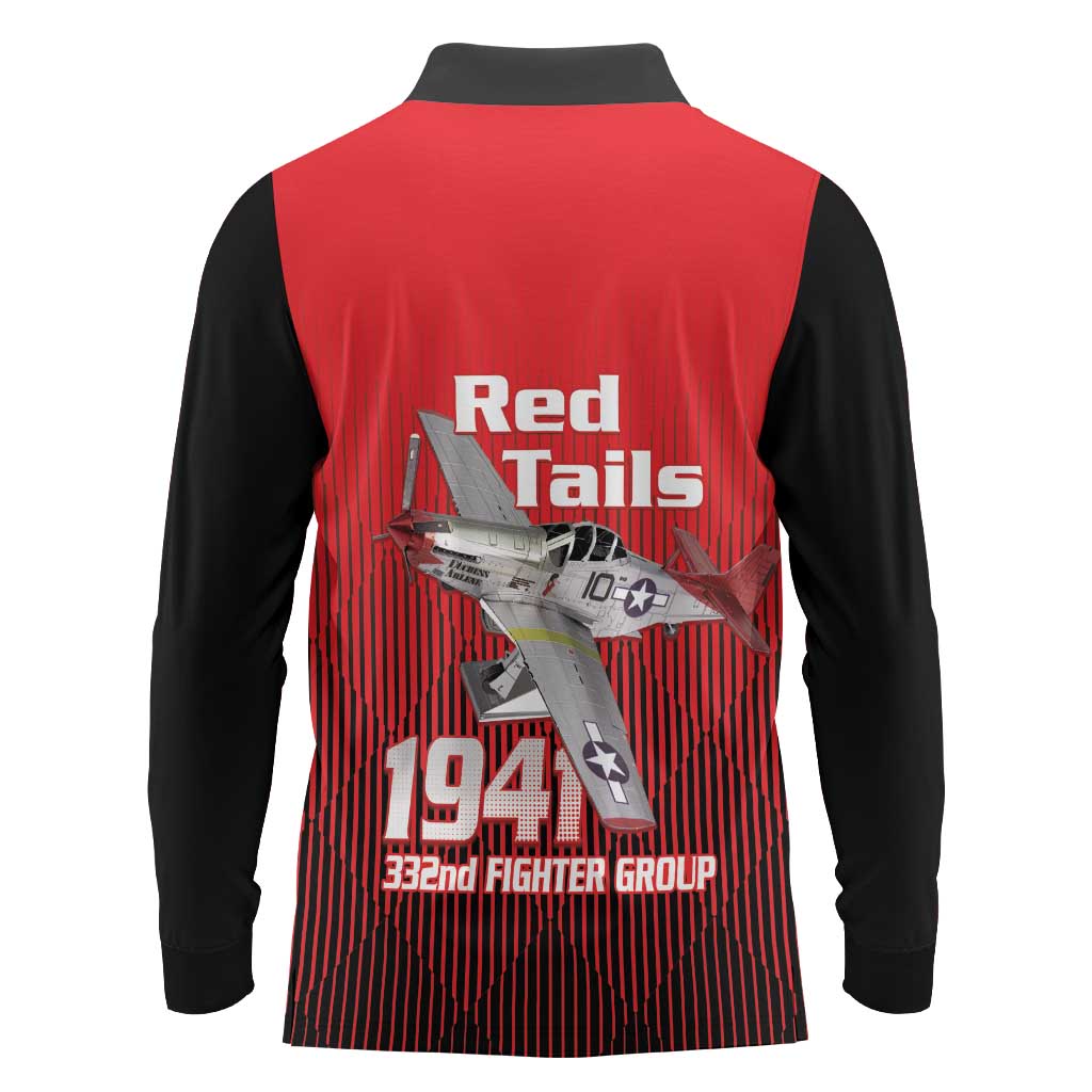 Tuskegee Red Tails Airmen Long Sleeve Polo Shirt P-51 Mustang 332nd Fighter Group - Black Red - Wonder Print Shop