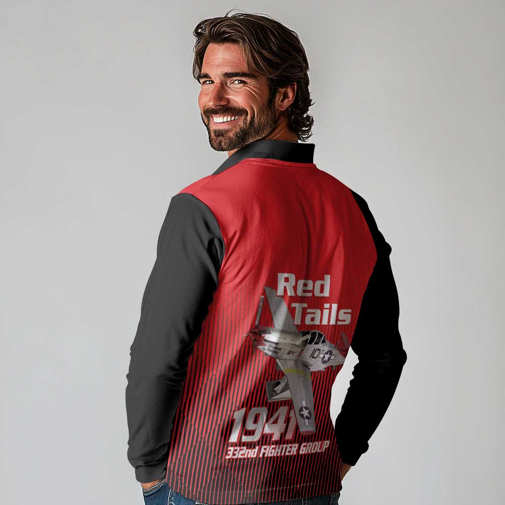 Tuskegee Red Tails Airmen Long Sleeve Polo Shirt P-51 Mustang 332nd Fighter Group - Black Red - Wonder Print Shop