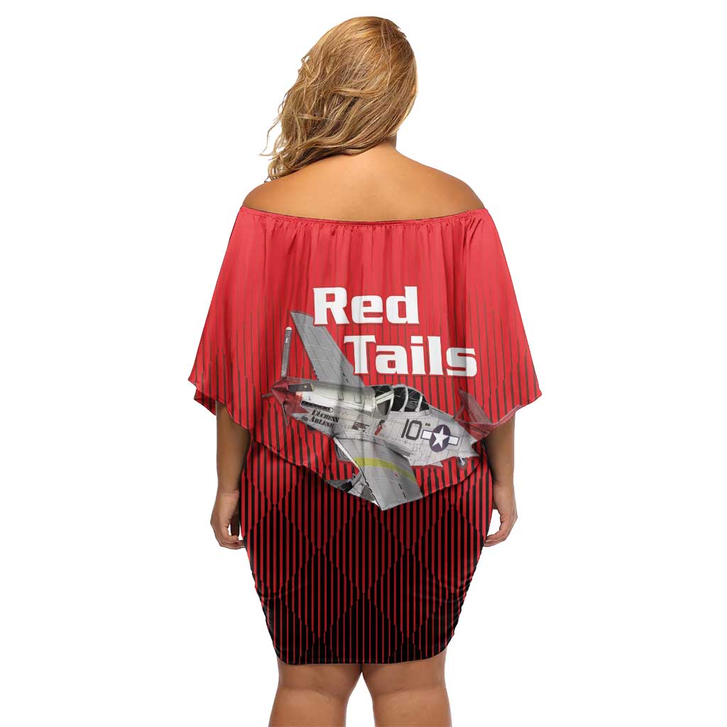 Tuskegee Red Tails Airmen Off Shoulder Short Dress P-51 Mustang 332nd Fighter Group - Black Red - Wonder Print Shop