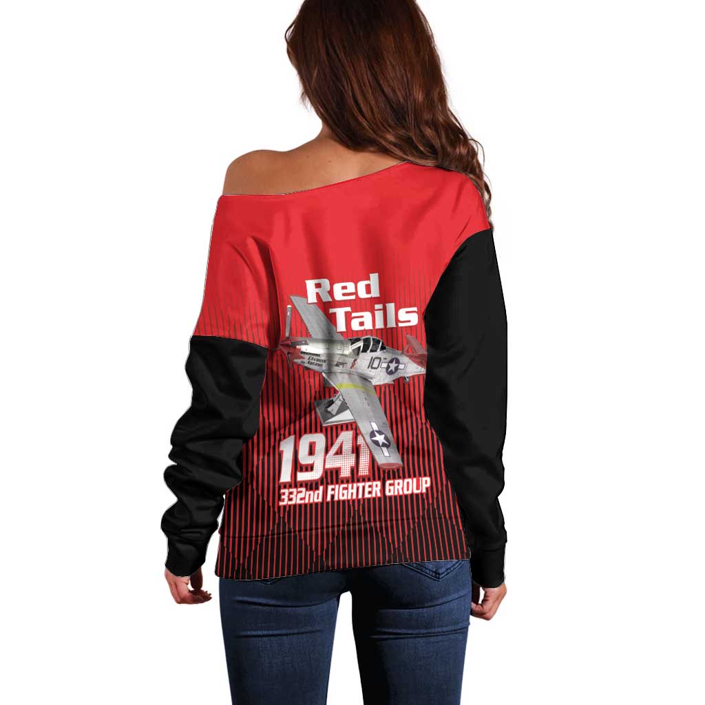 Tuskegee Red Tails Airmen Off Shoulder Sweater P-51 Mustang 332nd Fighter Group - Black Red - Wonder Print Shop