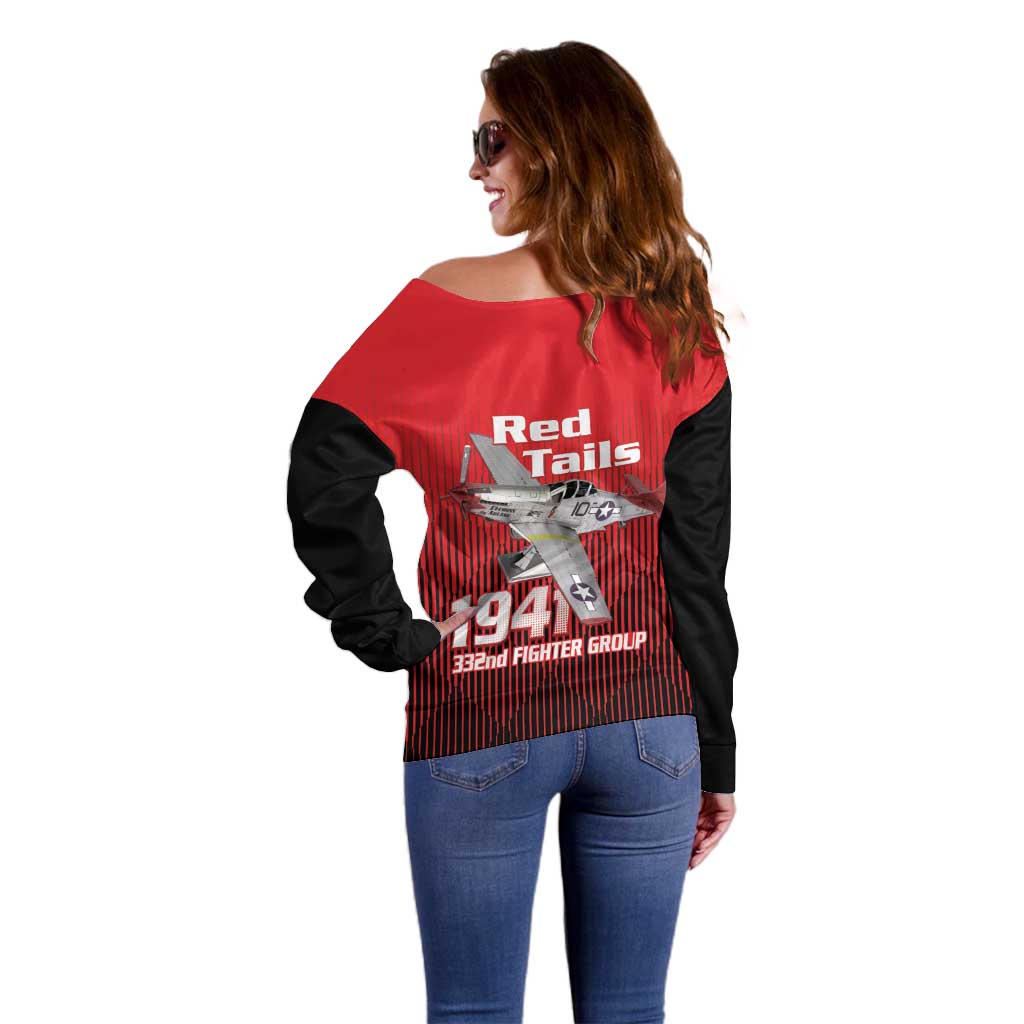 Tuskegee Red Tails Airmen Off Shoulder Sweater P-51 Mustang 332nd Fighter Group - Black Red - Wonder Print Shop