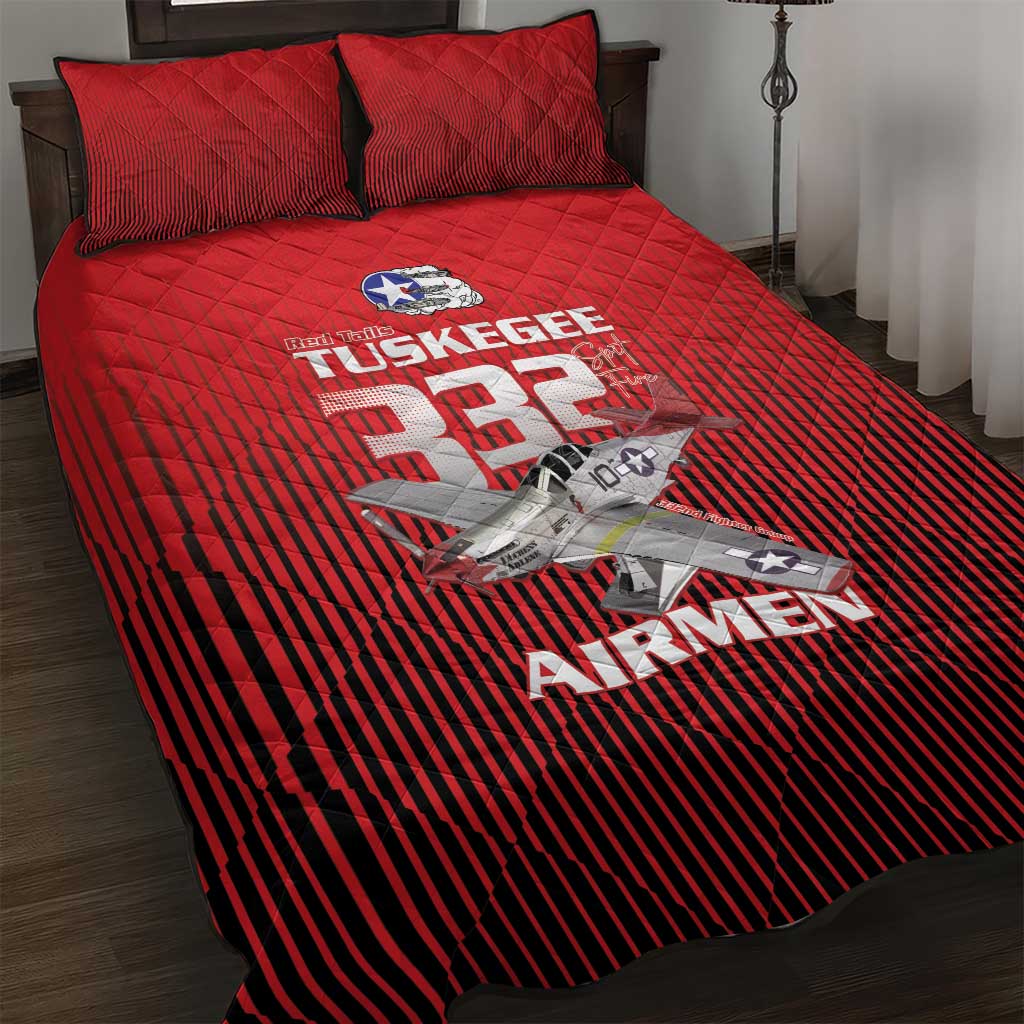 Tuskegee Red Tails Airmen Quilt Bed Set P-51 Mustang 332nd Fighter Group - Black Red - Wonder Print Shop