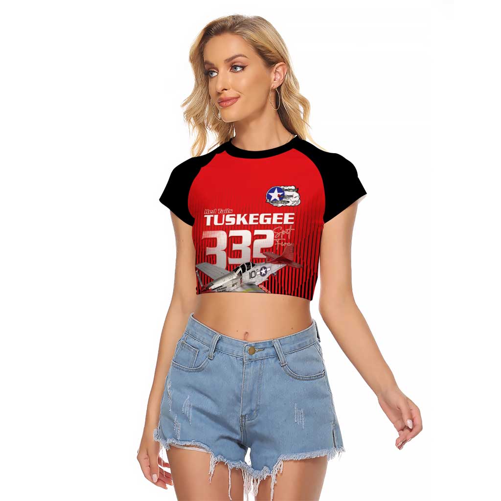 Tuskegee Red Tails Airmen Raglan Cropped T Shirt P-51 Mustang 332nd Fighter Group - Black Red - Wonder Print Shop
