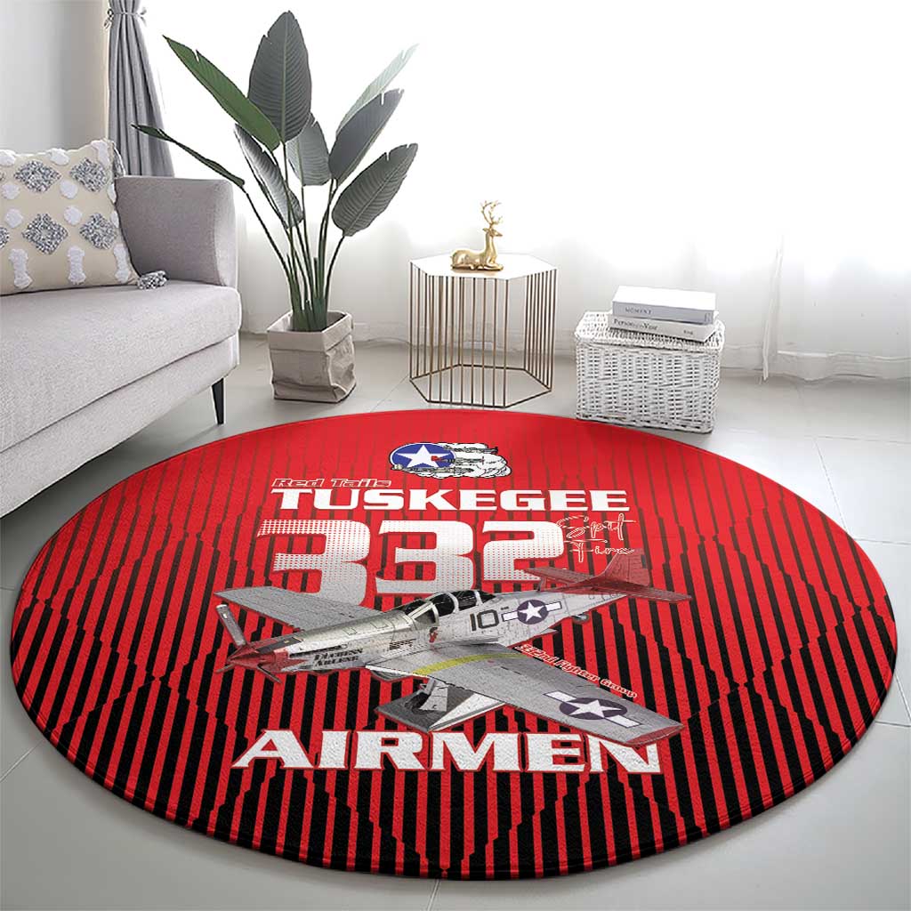 Tuskegee Red Tails Airmen Round Carpet P-51 Mustang 332nd Fighter Group - Black Red - Wonder Print Shop