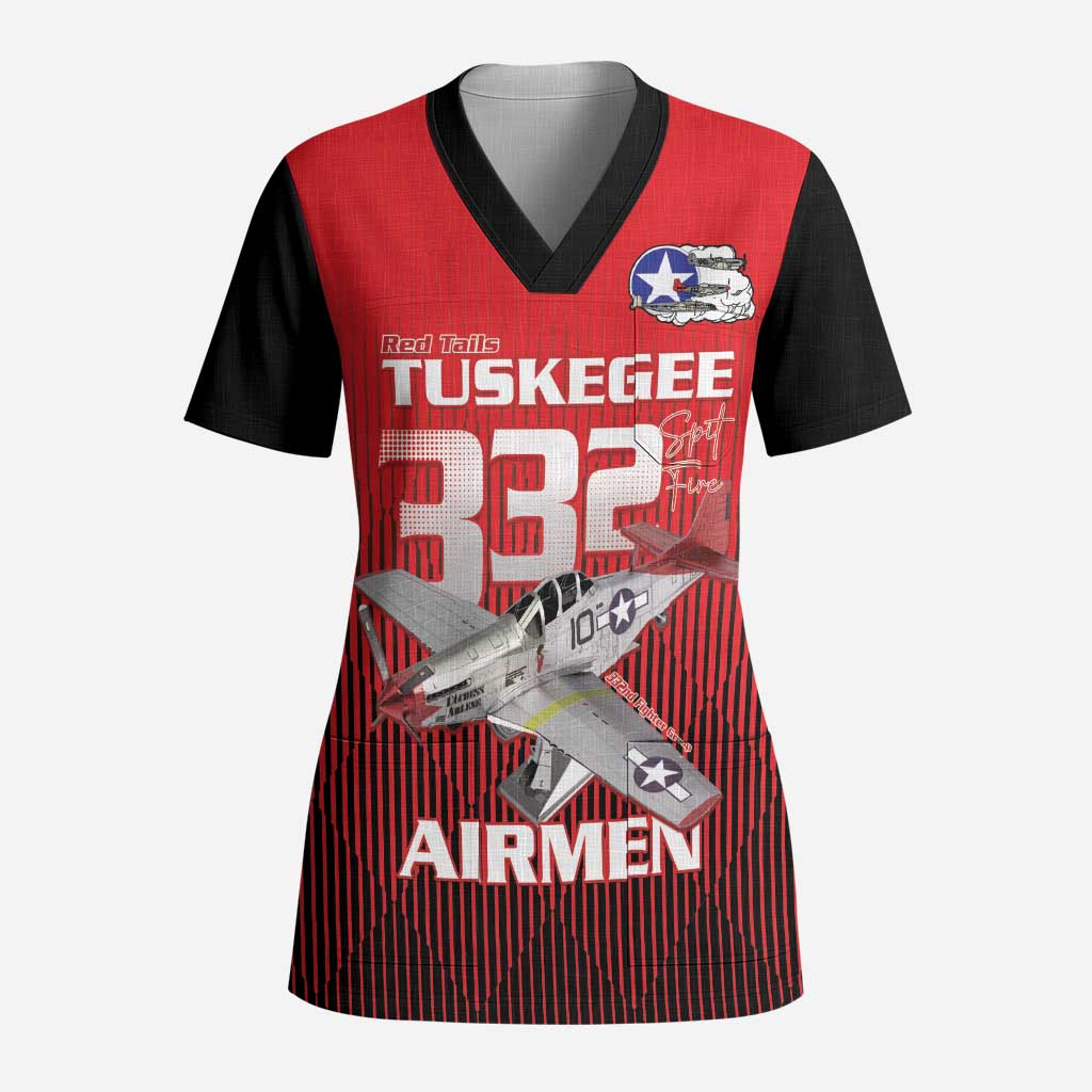 Tuskegee Red Tails Airmen Scrub Top P-51 Mustang 332nd Fighter Group - Black Red - Wonder Print Shop