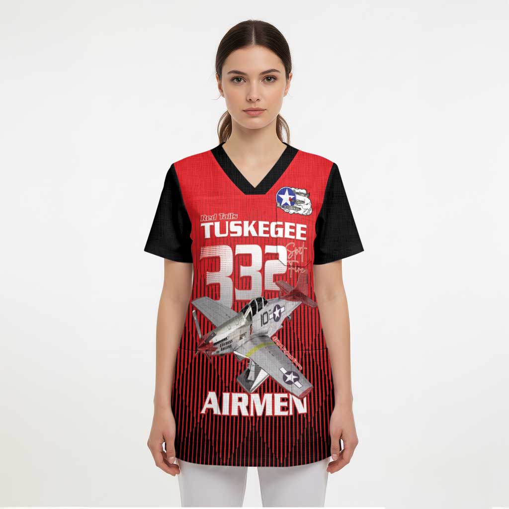 Tuskegee Red Tails Airmen Scrub Top P-51 Mustang 332nd Fighter Group - Black Red - Wonder Print Shop