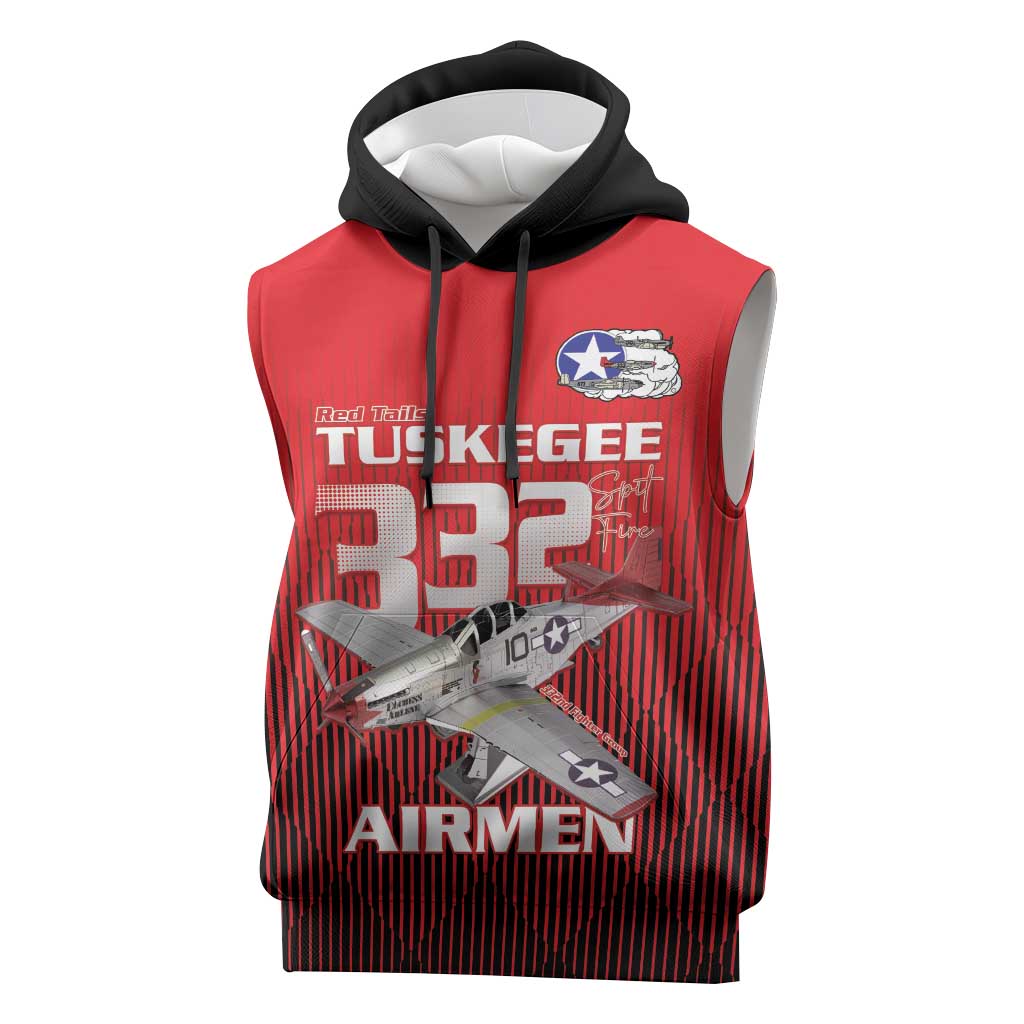 Tuskegee Red Tails Airmen Sleeveless Hoodie P-51 Mustang 332nd Fighter Group - Black Red - Wonder Print Shop