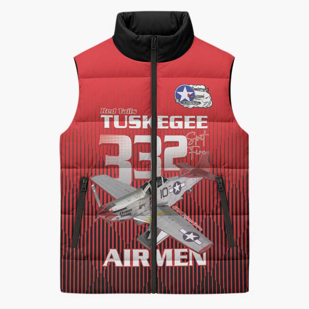 Tuskegee Red Tails Airmen Sleeveless Puffer Jacket P-51 Mustang 332nd Fighter Group - Black Red - Wonder Print Shop