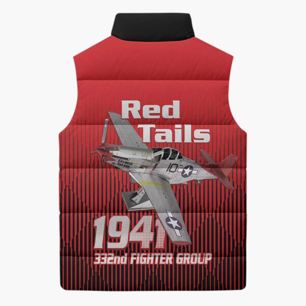Tuskegee Red Tails Airmen Sleeveless Puffer Jacket P-51 Mustang 332nd Fighter Group - Black Red - Wonder Print Shop