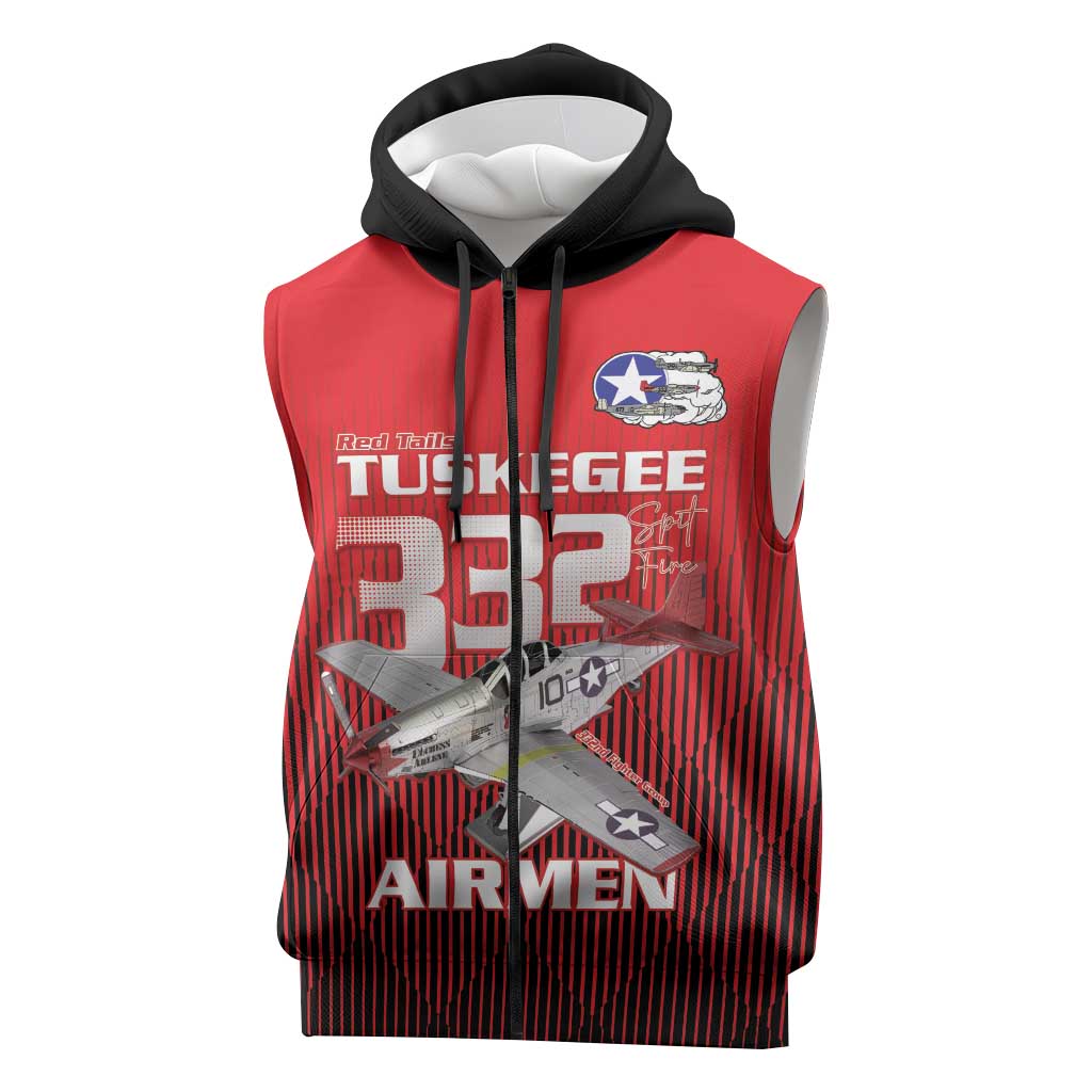 Tuskegee Red Tails Airmen Sleeveless Zip Hoodie P-51 Mustang 332nd Fighter Group - Black Red - Wonder Print Shop